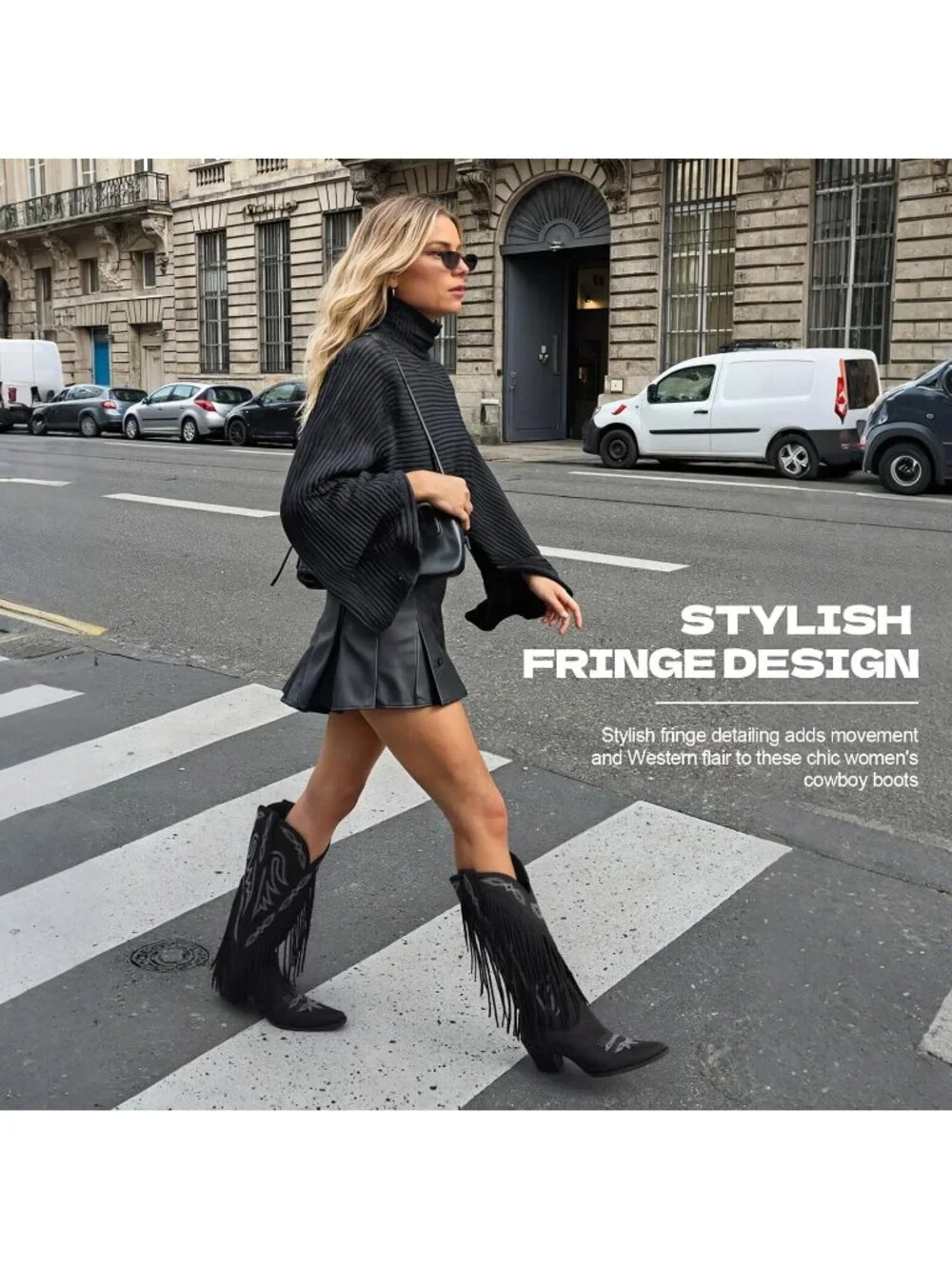 Women's Black Retro Block Chunky Fringe Wide Calf Pointed Toe Knee High Boots